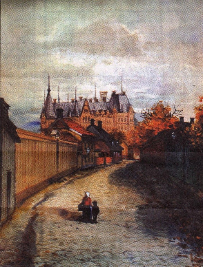 Västra Islandsgatan i Gefle 1901. Akvarell av Johnny Millar.