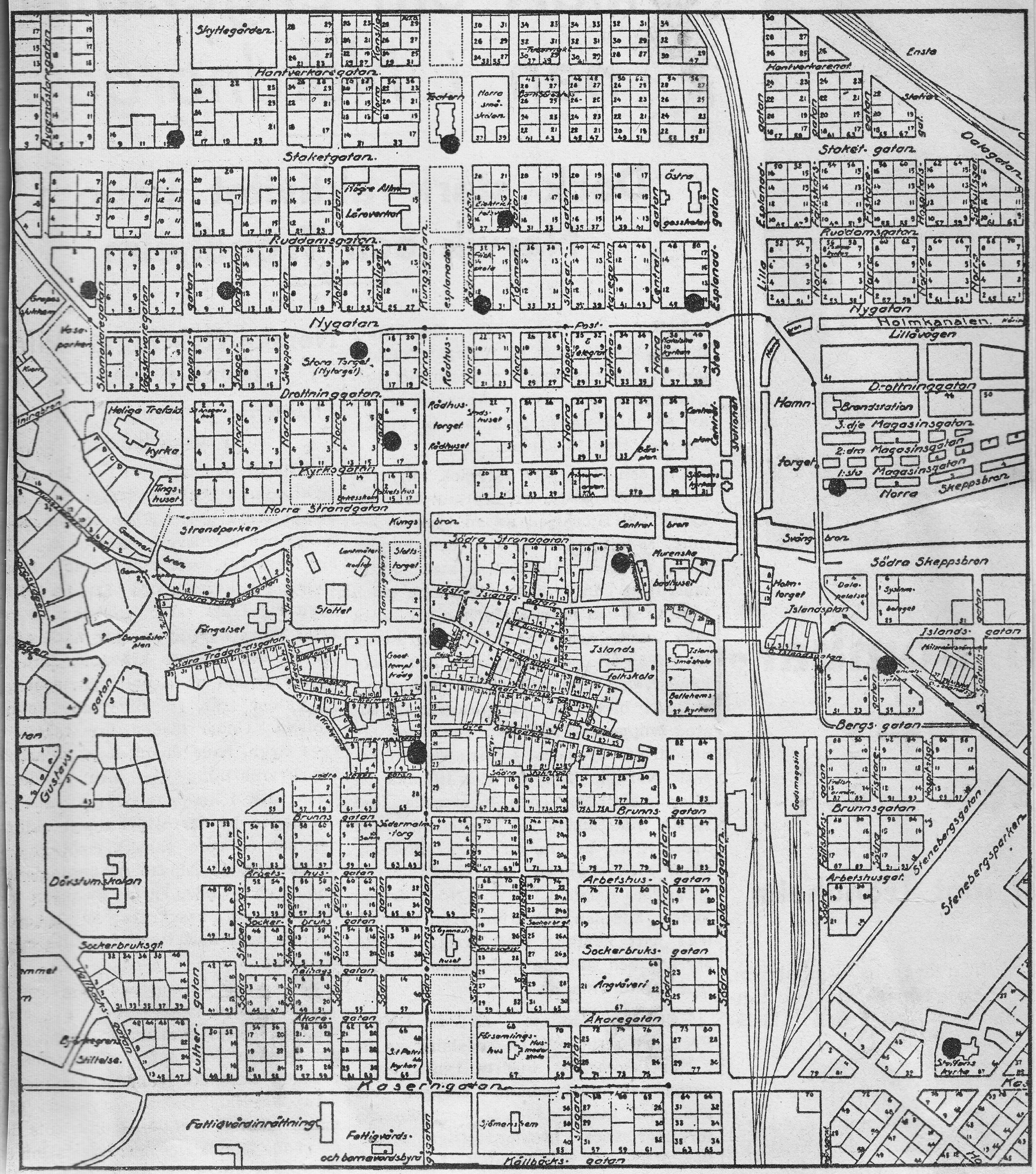 Kartskiss på inprickade skyddsrum i Gävle 1940